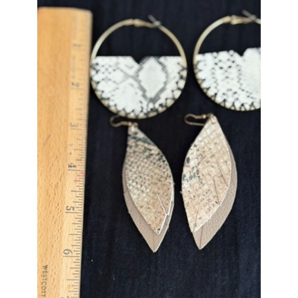 Snake Print Statement Earrings Lot 2 Pairs Boho Hoops & Layered Leaf Drops